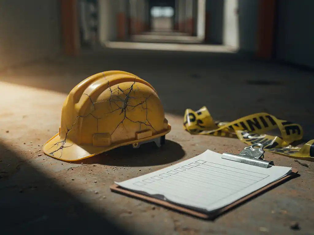 Cracked yellow hard hat abandoned on dusty concrete beside an unsigned inspection clipboard, with caution tape draped nearby in a dim industrial corridor.