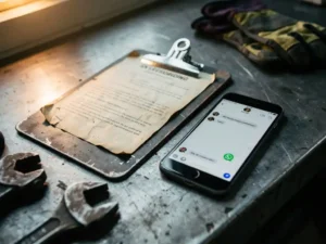 Versleten papieren onboardingpakket en klembord naast smartphone met WhatsApp op stalen werkbank in fabriek, veiligheidshandschoenen op achtergrond.