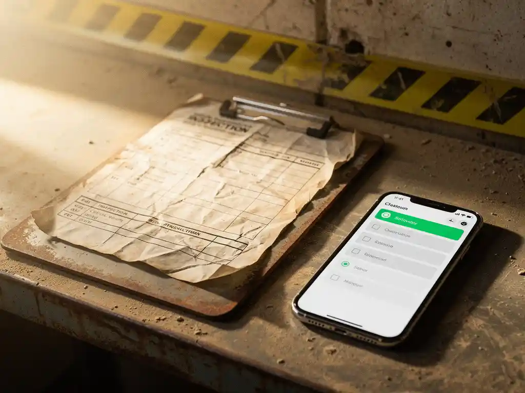 Worn clipboard with crumpled paper inspection checklists on a dusty shelf beside a smartphone displaying a digital checklist, faded warning tape in background.