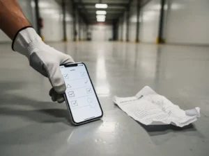 Gehandschoende hand die smartphone met digitaal checklistformulier neerzet op industriële vloer, verfrommeld papieren inspectierapport ernaast.