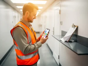 Veldmedewerker in oranje veiligheidsvest gebruikt smartphone met digitale checklist in moderne faciliteitscorridor, papieren klembord terzijde gelegd.