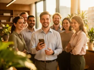 Nieuwe medewerker houdt smartphone vast met welkomstbericht op eerste werkdag in modern Nederlands kantoor met collega's.