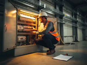 Technician in hard hat and safety vest inspecting an electrical panel in an industrial facility under warm amber lighting.