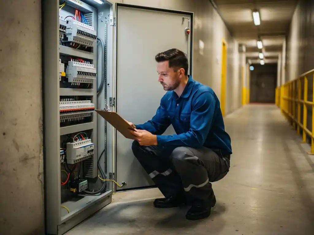 Technician in blue work shirt crouching beside industrial electrical panel, reviewing inspection checklist in a Dutch facility corridor.