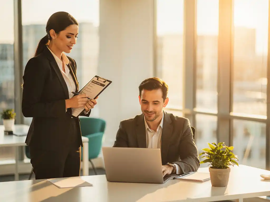 Employee holding onboarding checklist clipboard beside manager reviewing laptop in bright modern office with warm golden light.
