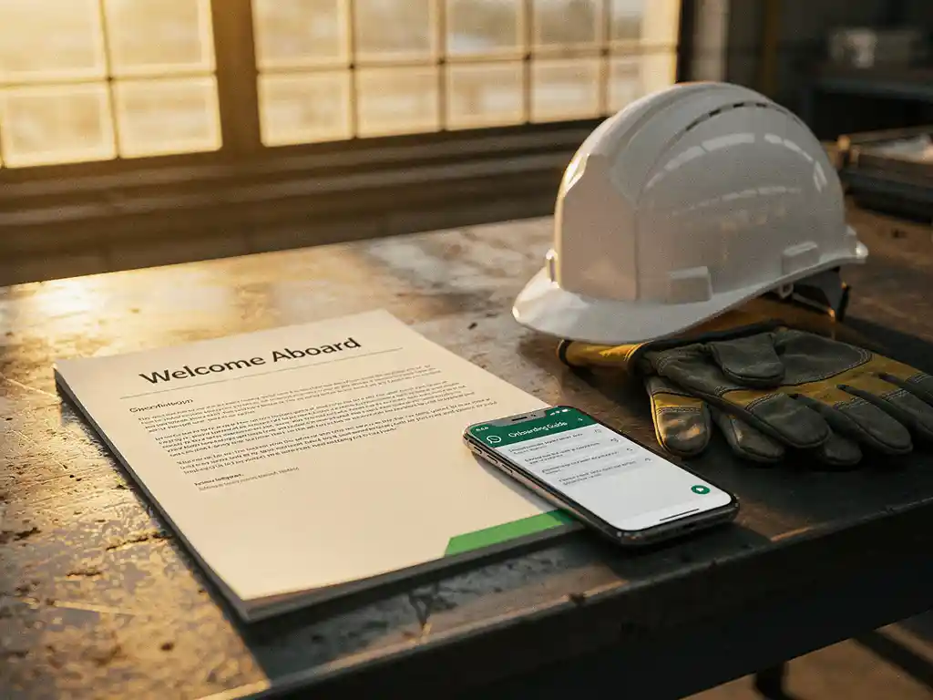 Employee welcome packet and smartphone showing WhatsApp onboarding instructions on a factory workbench, with hard hat and safety gloves nearby.