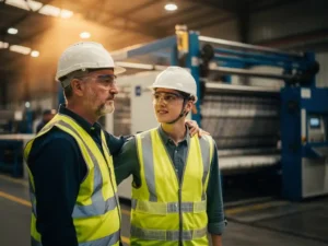 Ervaren fabrieksmedewerker in veiligheidsvest begeleidt nieuwe collega op productievloer, hand op schouder, industriële machines op achtergrond.