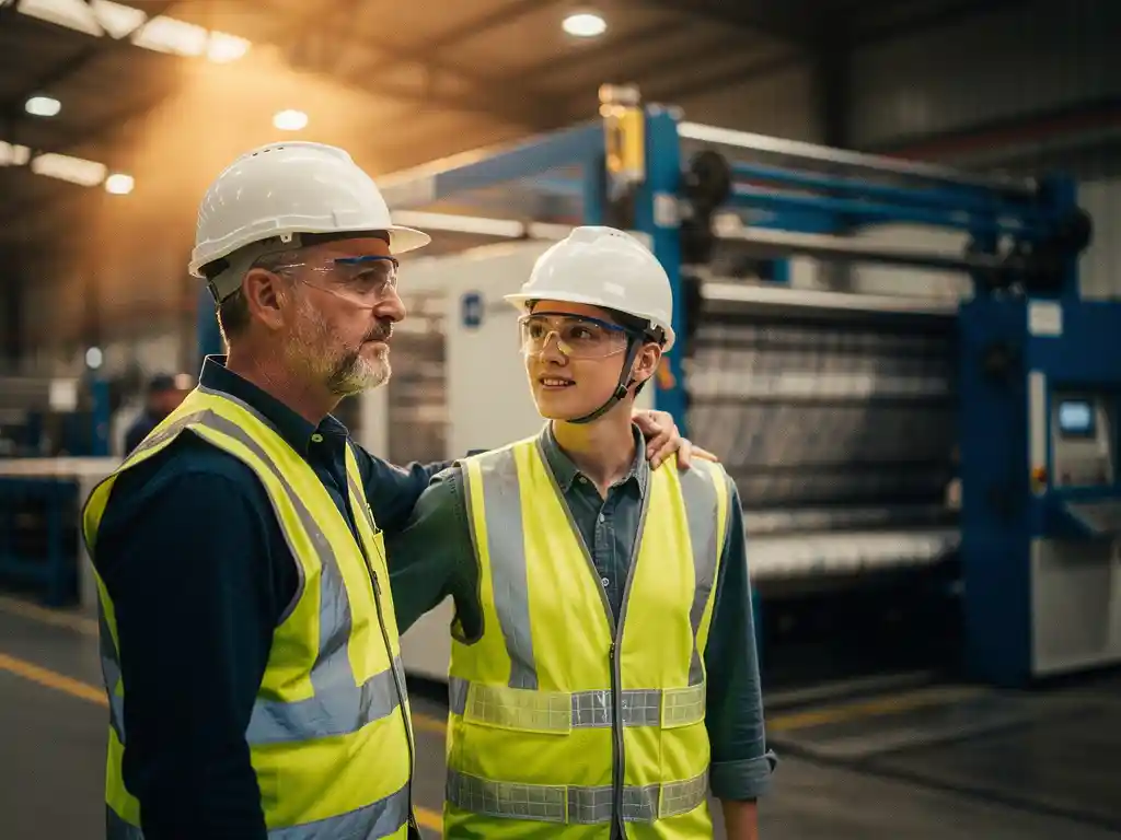 Ervaren fabrieksmedewerker in veiligheidsvest begeleidt nieuwe collega op productievloer, hand op schouder, industriële machines op achtergrond.