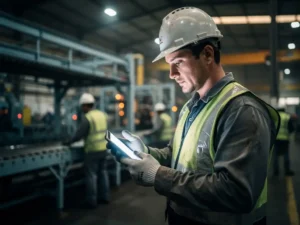 Nieuwe fabrieksmedewerker in veiligheidsuitrusting die smartphone raadpleegt op drukke productievloer met collega's op de achtergrond.