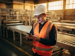 Nieuwe fabrieksmedewerker met helm en veiligheidsvest leest smartphone op drukke productievloer met machines op de achtergrond.