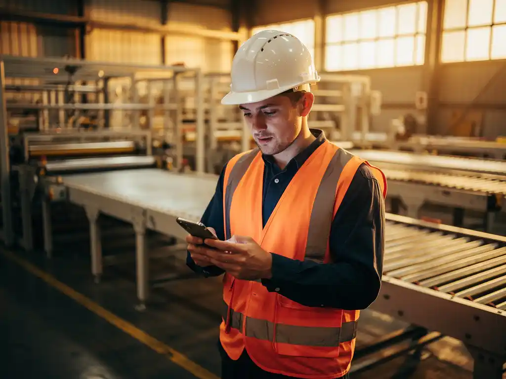 Nieuwe fabrieksmedewerker met helm en veiligheidsvest leest smartphone op drukke productievloer met machines op de achtergrond.