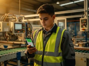 Jonge fabrieksmedewerker in veiligheidsvest bekijkt smartphone met chat-interface tussen industriële machines.
