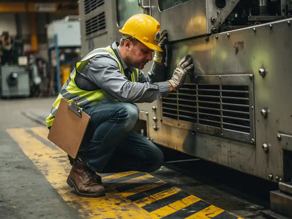 Fabrieksmedewerker inspecteert industriële machine op werkvloer, veiligheidshandschoenen op metalen behuizing, klembord onder arm, gele gevaarmarkeringen op betonvloer.