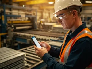 Fabrieksmedewerker in veiligheidsuitrusting leest werkinstructie op smartphone op productievloer, omgeven door industriële machines.