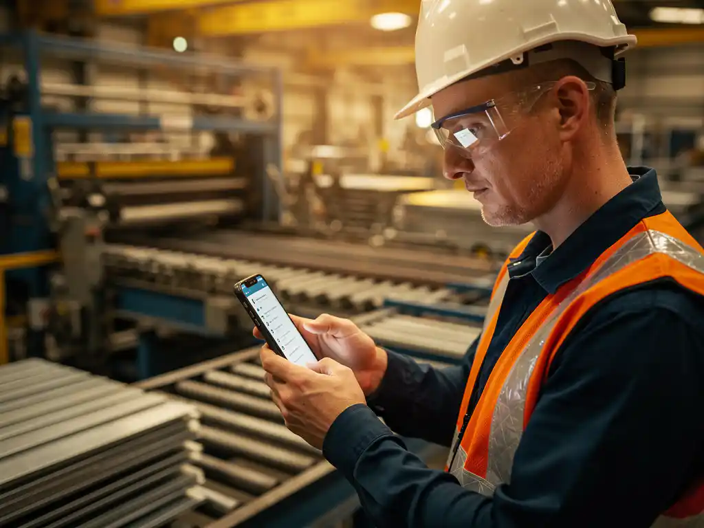 Fabrieksmedewerker in veiligheidsuitrusting leest werkinstructie op smartphone op productievloer, omgeven door industriële machines.