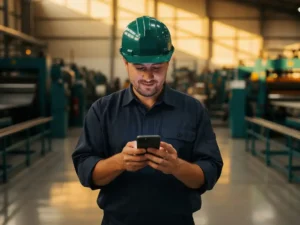 Nieuwe fabrieksmedewerker met helm leest WhatsApp-bericht op smartphone op moderne productievloer met industriële machines op achtergrond.