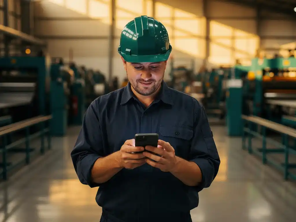 Nieuwe fabrieksmedewerker met helm leest WhatsApp-bericht op smartphone op moderne productievloer met industriële machines op achtergrond.