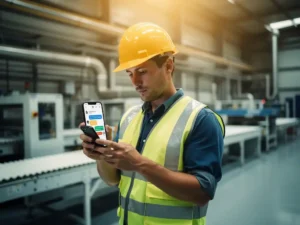 Nieuwe fabrieksmedewerker met helm die een smartphone raadpleegt op een moderne productievloer met industriële machines op de achtergrond.