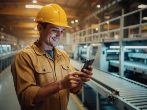 Nieuwe fabrieksmedewerker met helm bekijkt WhatsApp-trainingsmodule op smartphone op moderne productievloer.