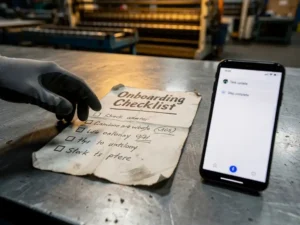 Gloved hand transitioning from a handwritten paper onboarding checklist to a smartphone on a factory floor workbench.