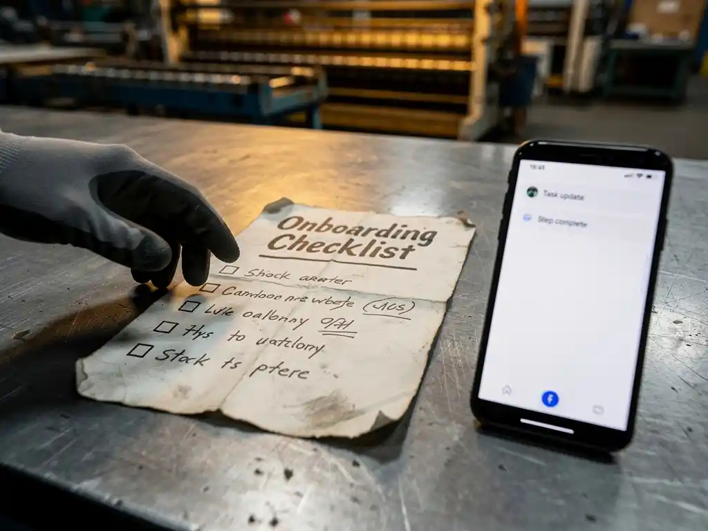 Gloved hand transitioning from a handwritten paper onboarding checklist to a smartphone on a factory floor workbench.