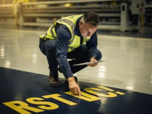 Safety officer in high-visibility vest crouching to inspect industrial floor markings on a factory floor, clipboard in hand.