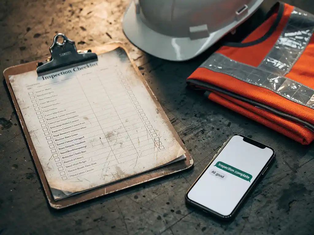 Worn metal clipboard with inspection checklist on concrete factory floor beside a hard hat, safety vest, and smartphone.