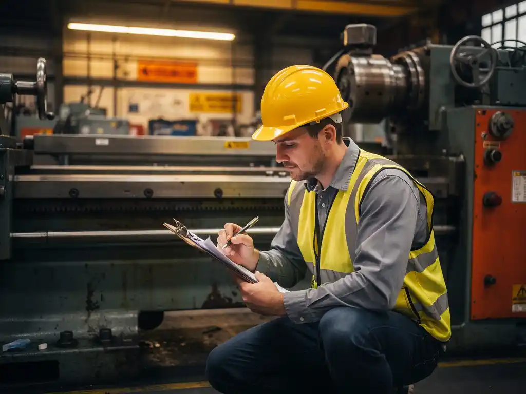 Factory floor worker in a hard hat crouching to inspect heavy machinery with a clipboard checklist, industrial safety signage visible in background.