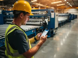 Factory worker in hard hat completing mobile training module beside an active industrial assembly line.