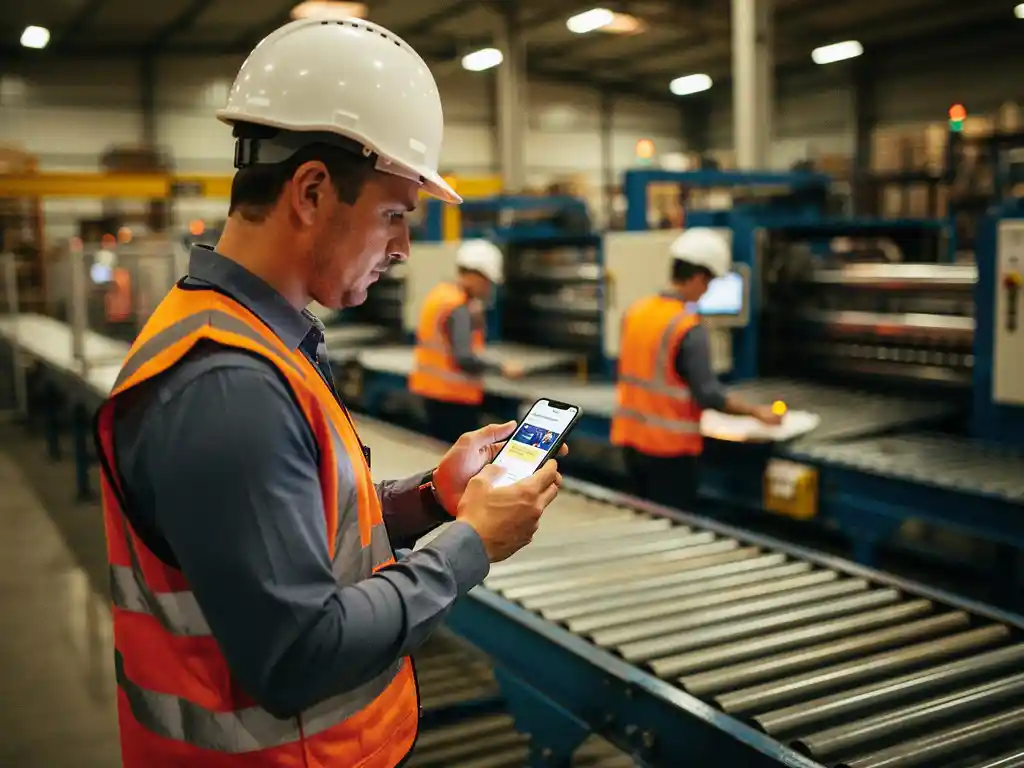 New factory worker in a hard hat reviewing a training module on a smartphone at an assembly line, colleagues and industrial machinery in the background.