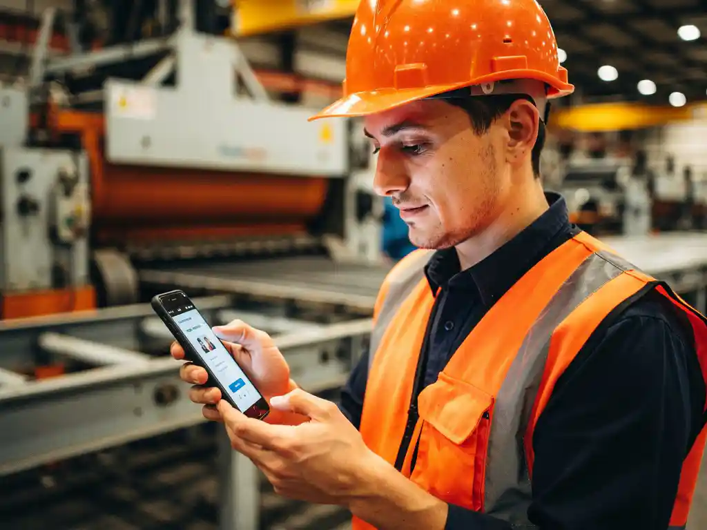 Factory worker in hard hat reviewing a training module on a smartphone amid industrial machinery on the production floor.