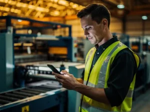 Factory worker in safety vest reviewing a mobile training module beside an active production line.