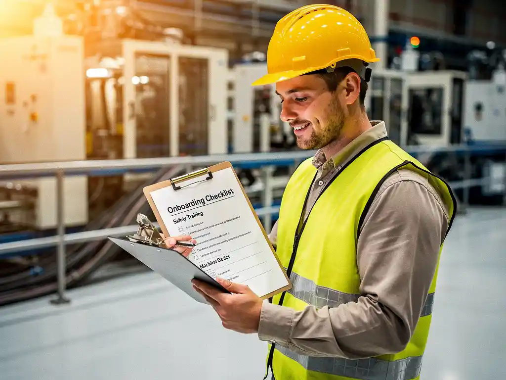New factory worker in hard hat and safety vest reviewing onboarding checklist on clipboard on a manufacturing floor.