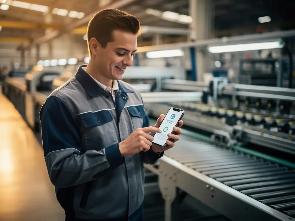 New factory worker in production uniform reviewing an onboarding checklist on a smartphone beside a blurred assembly line.