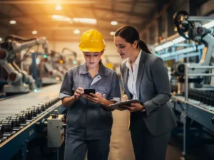 New factory worker in a hard hat reading onboarding instructions on a smartphone beside an assembly line, with an HR manager holding a clipboard nearby.