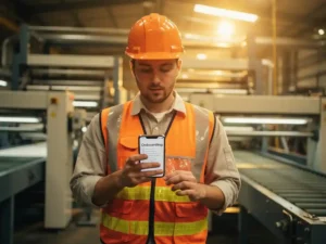 New factory worker in hard hat and safety vest reading onboarding instructions on a smartphone on the production floor.