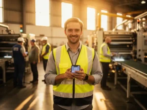 New factory employee in a safety vest viewing a welcome onboarding message on a smartphone amid colleagues on the shop floor.