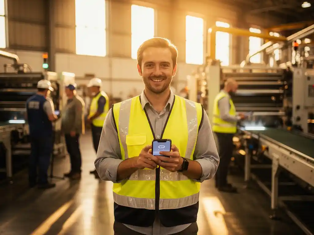 New factory employee in a safety vest viewing a welcome onboarding message on a smartphone amid colleagues on the shop floor.