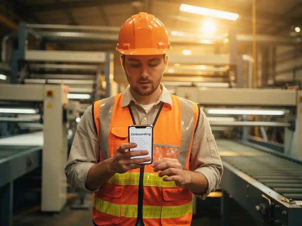 New factory worker in hard hat and safety vest reading onboarding instructions on a smartphone on the production floor.