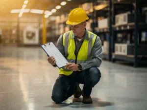 Safety-vested worker in hard hat kneeling on factory floor reviewing clipboard checklist, industrial shelving in background.