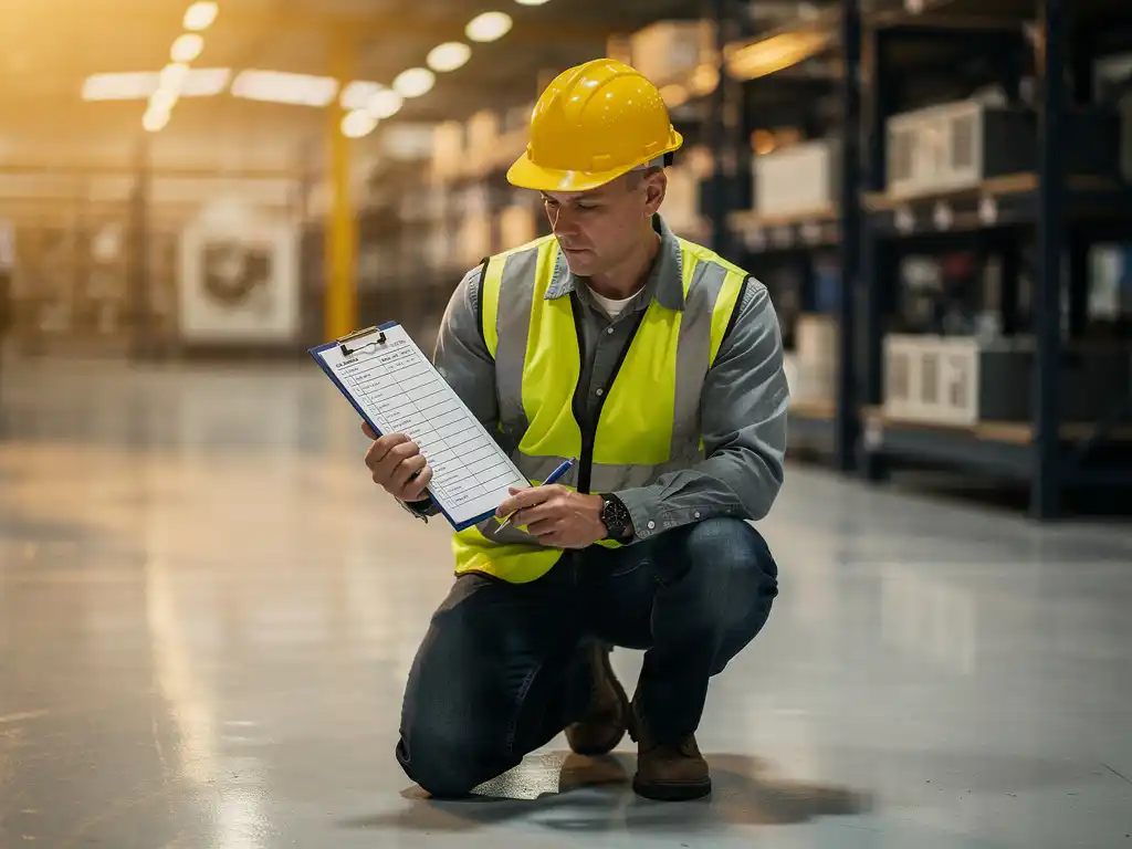 Safety-vested worker in hard hat kneeling on factory floor reviewing clipboard checklist, industrial shelving in background.