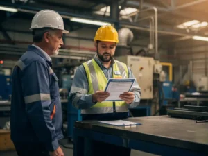 New factory worker in safety gear reviewing a compliance checklist at a steel workbench while a senior colleague in a hard hat looks on.