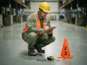 Safety-vested worker crouching to review a clipboard checklist on a factory floor beside a hazard cone and measuring tape.