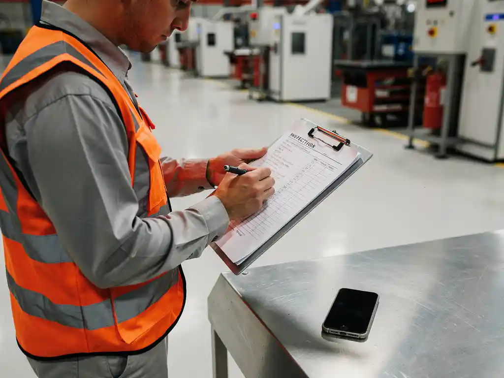 Worker in high-visibility vest completing a safety inspection checklist on a factory floor with a smartphone nearby.