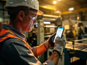 Factory worker in safety gear and gloves watching an instructional video on a smartphone, industrial machinery blurred in warm amber background.