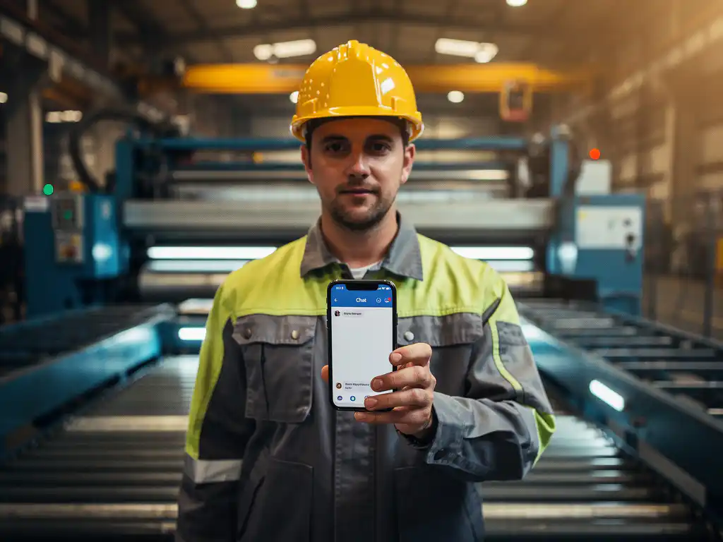 Factory worker in a hard hat using a smartphone on an active shop floor with industrial machinery and conveyor belts in the background.