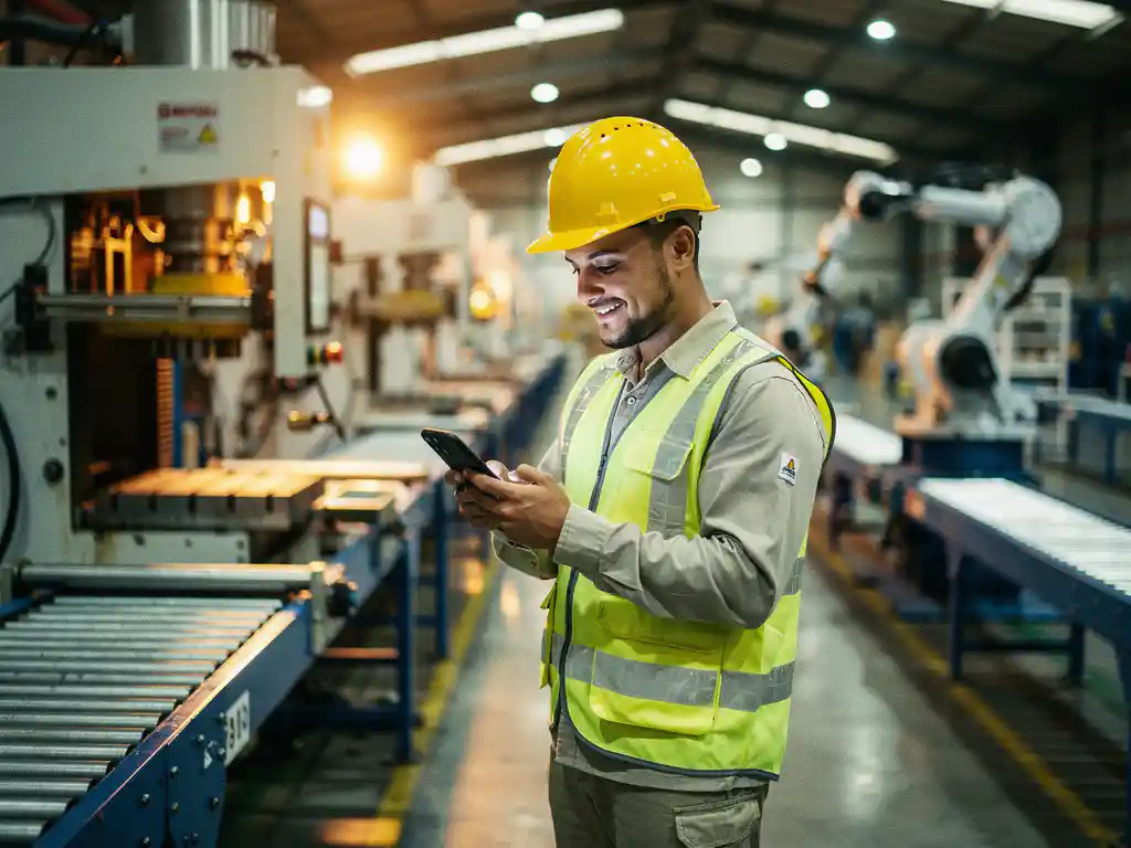 New factory worker in hard hat and safety vest reading smartphone on active manufacturing floor with blurred conveyor belts in background.