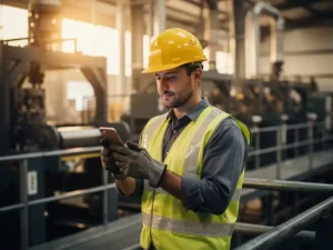 New factory worker in hard hat and safety vest reading a smartphone on a busy manufacturing floor.