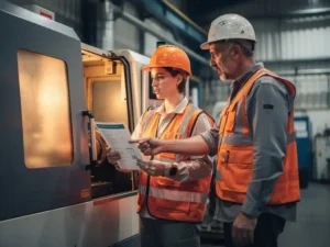 New factory worker in hard hat and safety vest reading laminated instructions beside industrial machine, guided by experienced colleague.