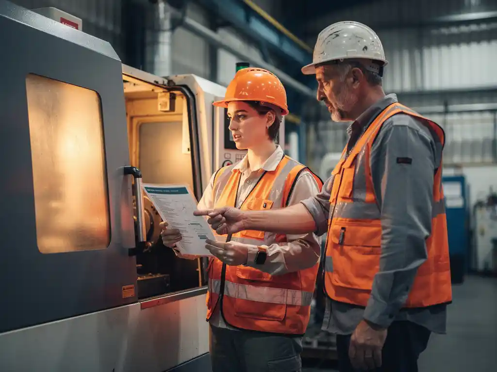 New factory worker in hard hat and safety vest reading laminated instructions beside industrial machine, guided by experienced colleague.